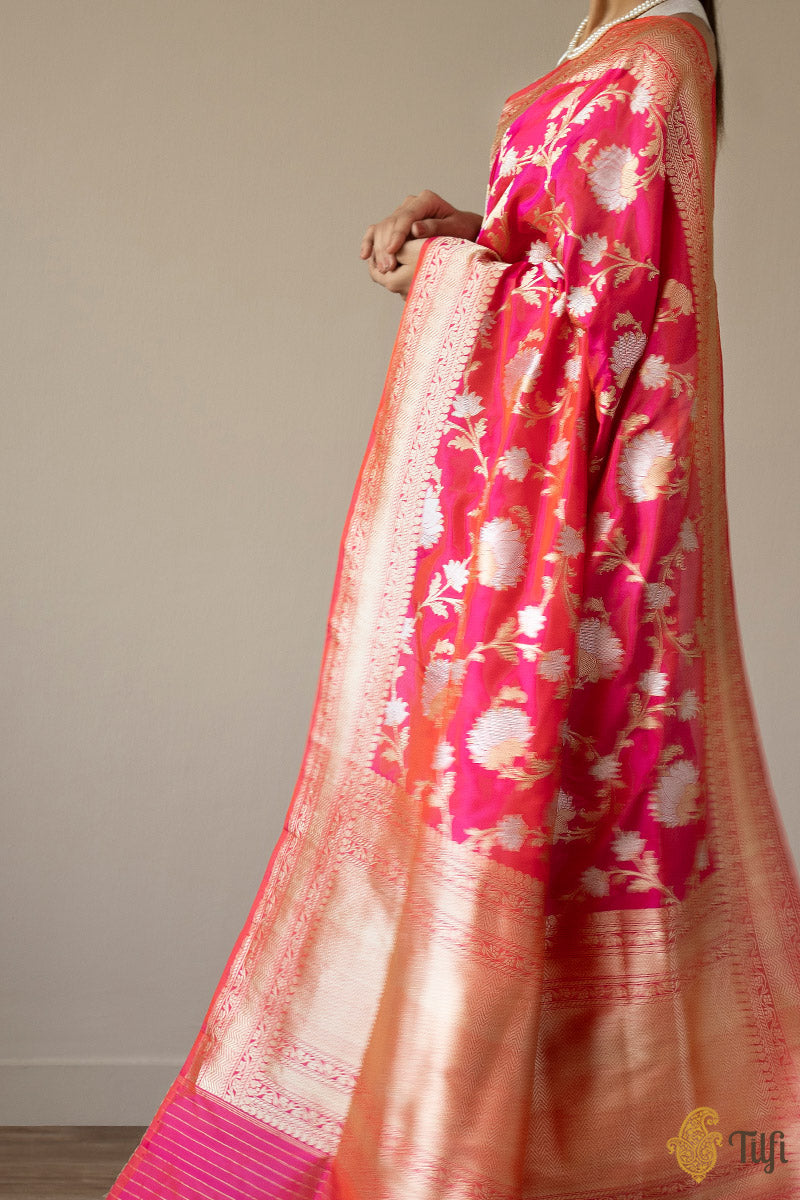 KJ0004-Orange-Pink Pure Katan Silk Banarasi Handloom Saree