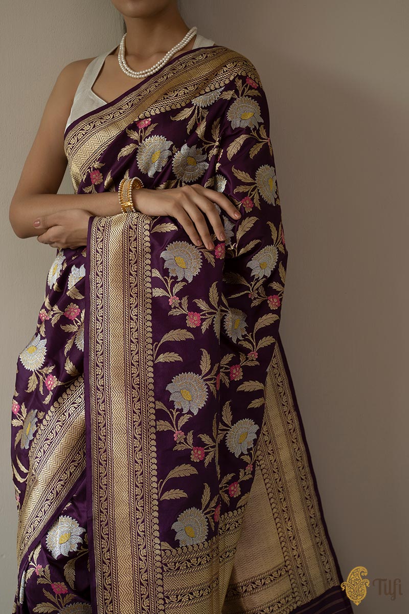 KJ0003-Deep Purple Pure Katan Silk Banarasi Handloom Saree
