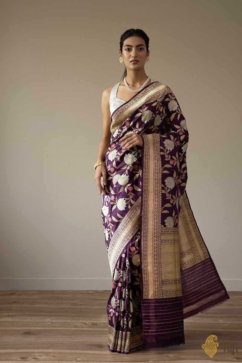 KJ0003-Deep Purple Pure Katan Silk Banarasi Handloom Saree