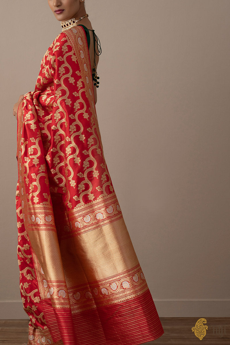 KJ0033-Red Pure Katan Silk Banarasi Handloom Saree