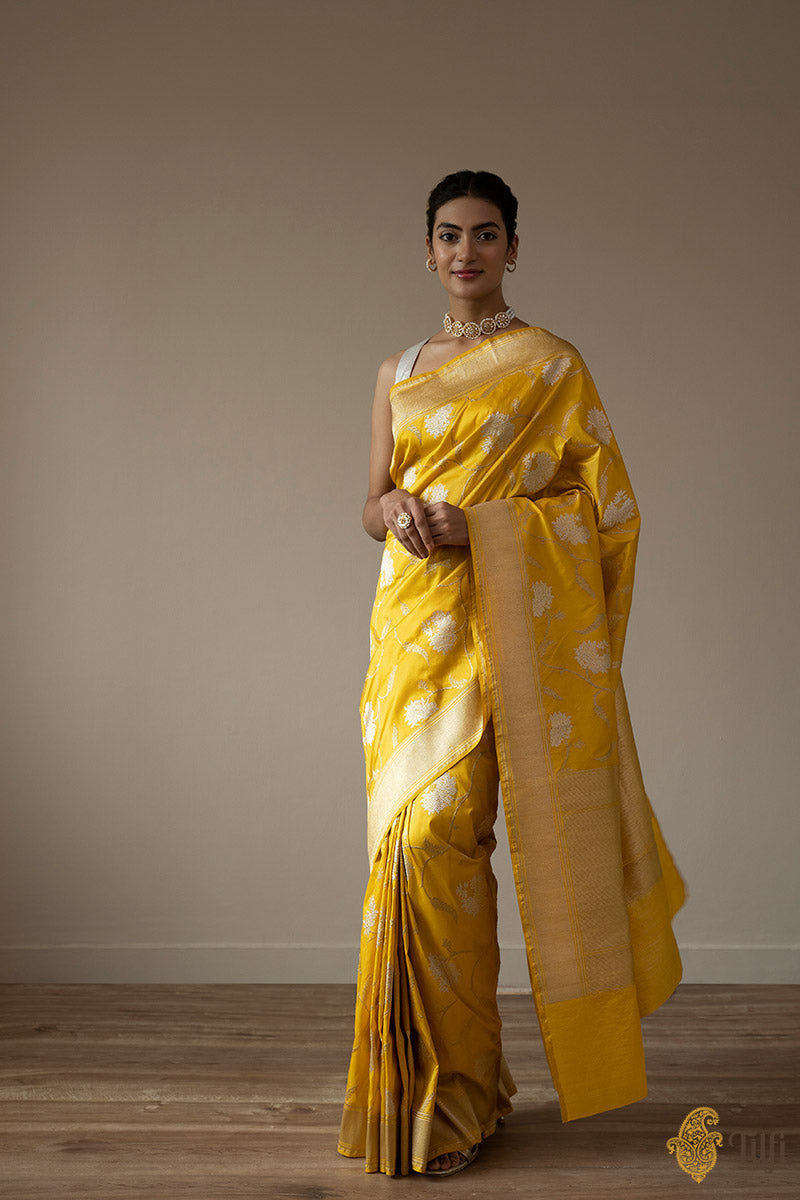 KJ0001-Yellow Pure Katan Silk Banarasi Handloom Saree