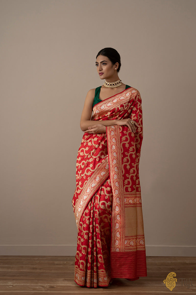 KJ0033-Red Pure Katan Silk Banarasi Handloom Saree