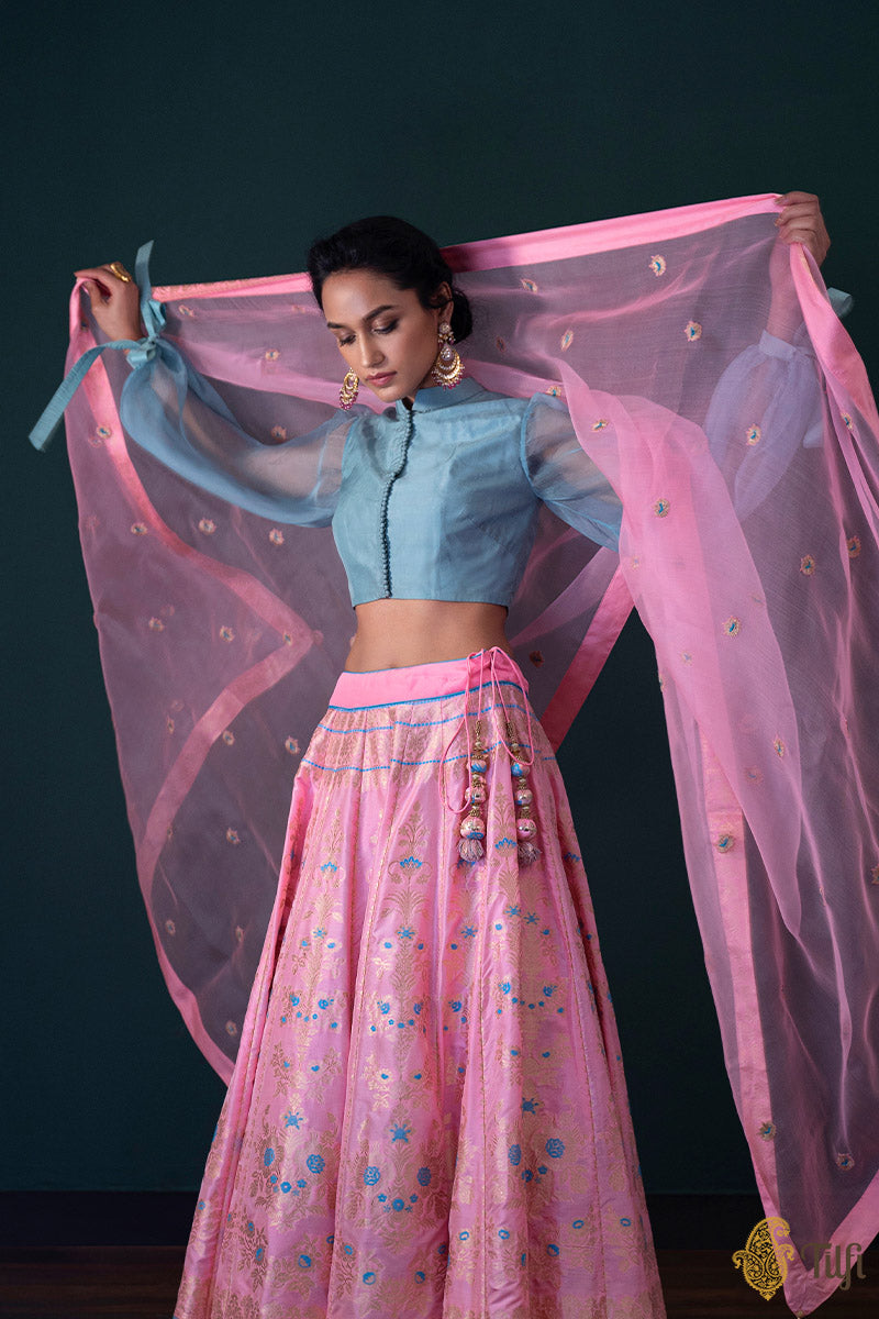 Neon Pink Pure Katan Silk Banarasi Handloom Lehenga Set - Tilfi