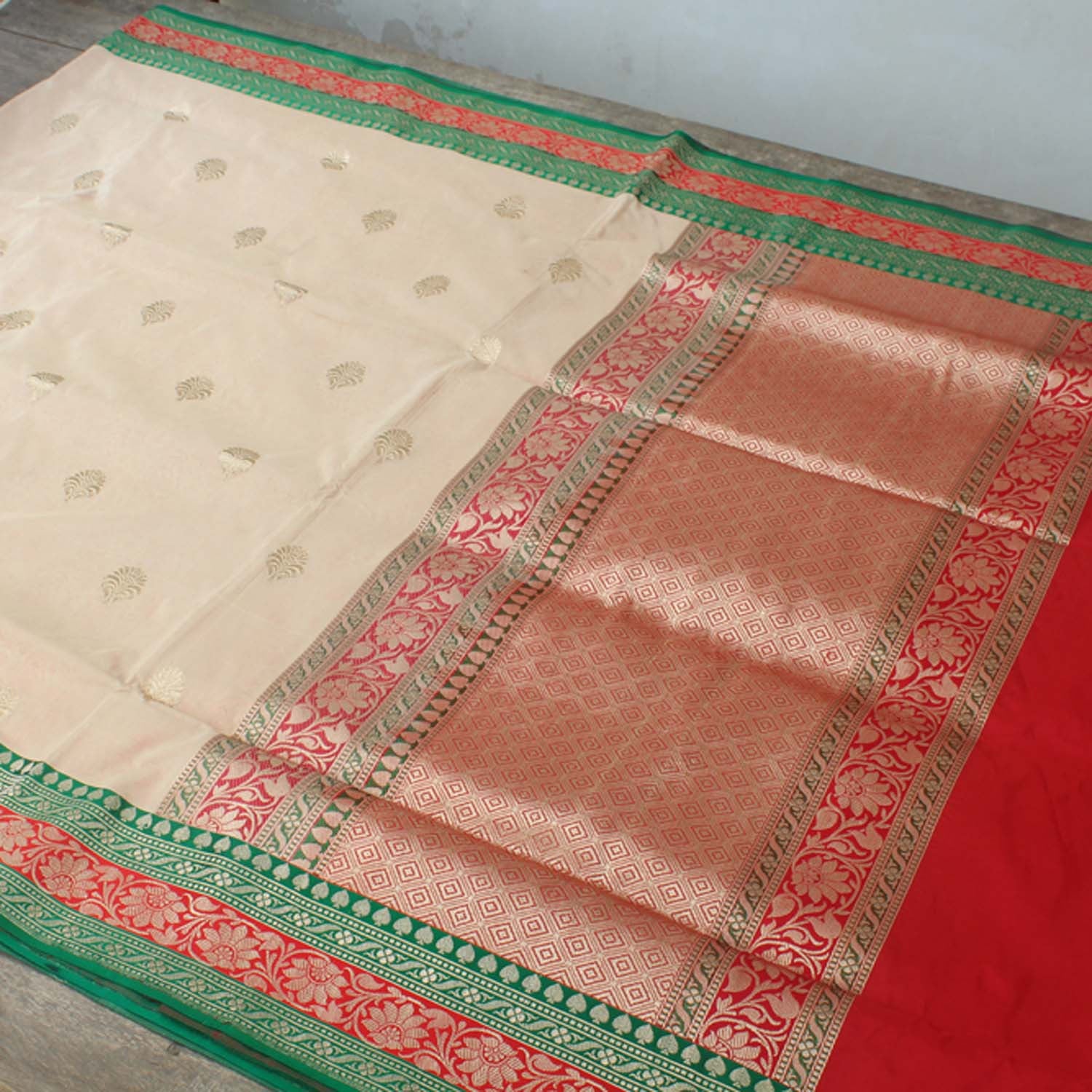 Off White Katan with Red Satin Banarasi Handloom Saree - Tilfi