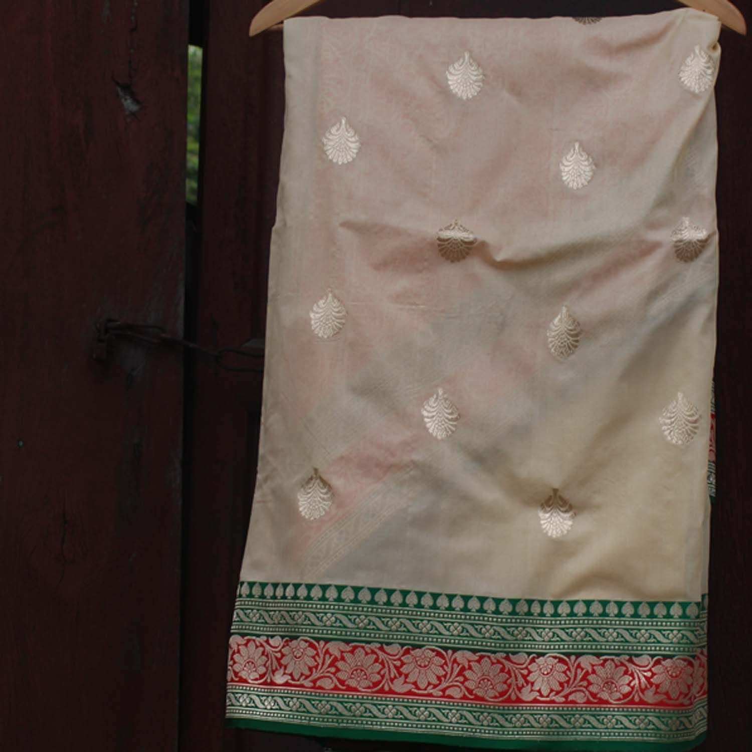 Off White Katan with Red Satin Banarasi Handloom Saree - Tilfi