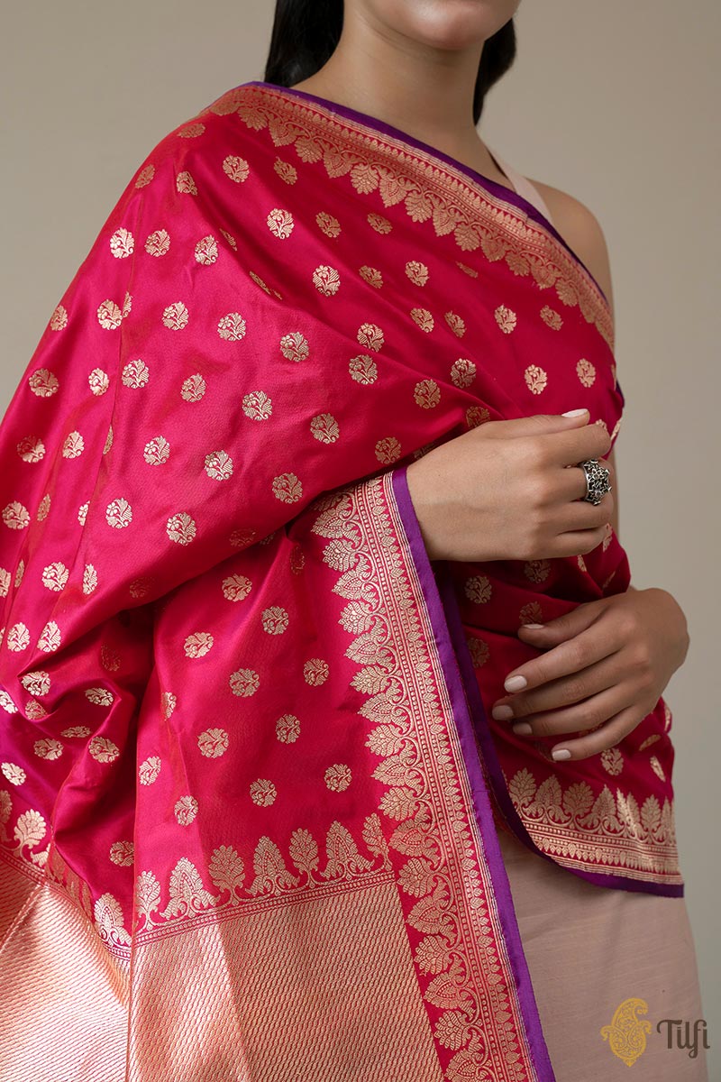 Red-Rani Pink Pure Katan Silk Banarasi Handloom Dupatta