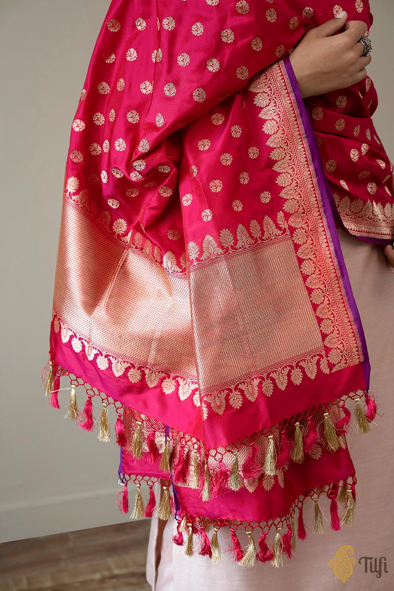 Red-Rani Pink Pure Katan Silk Banarasi Handloom Dupatta