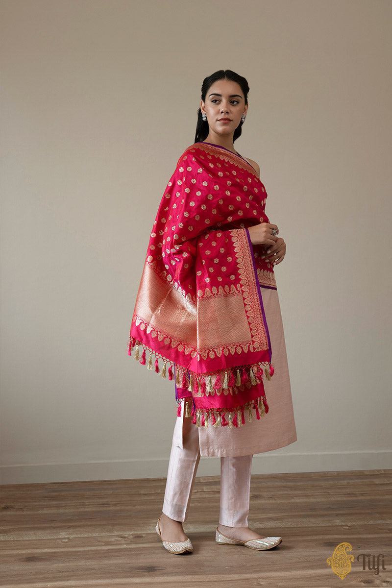 Red-Rani Pink Pure Katan Silk Banarasi Handloom Dupatta
