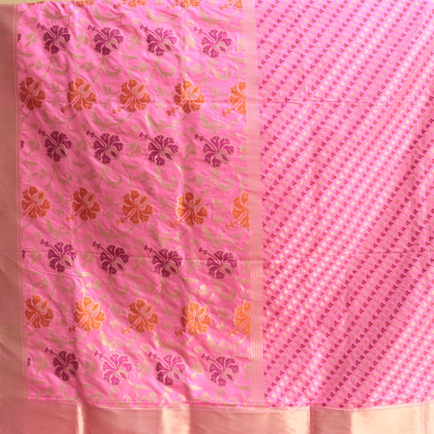 Light Fushia Pink Pure Katan Silk Banarasi Handloom Dupatta - Tilfi