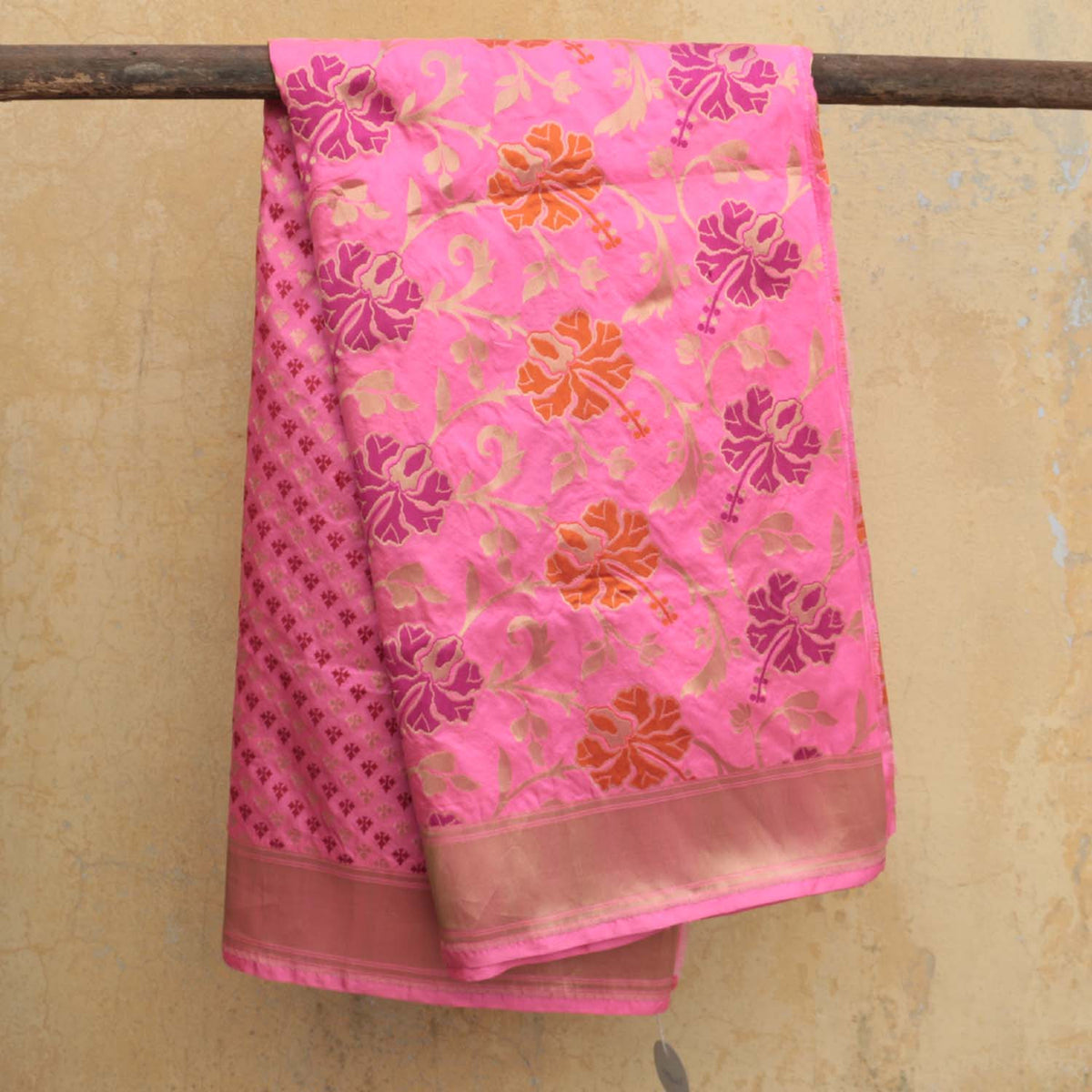 Light Fushia Pink Pure Katan Silk Banarasi Handloom Dupatta - Tilfi