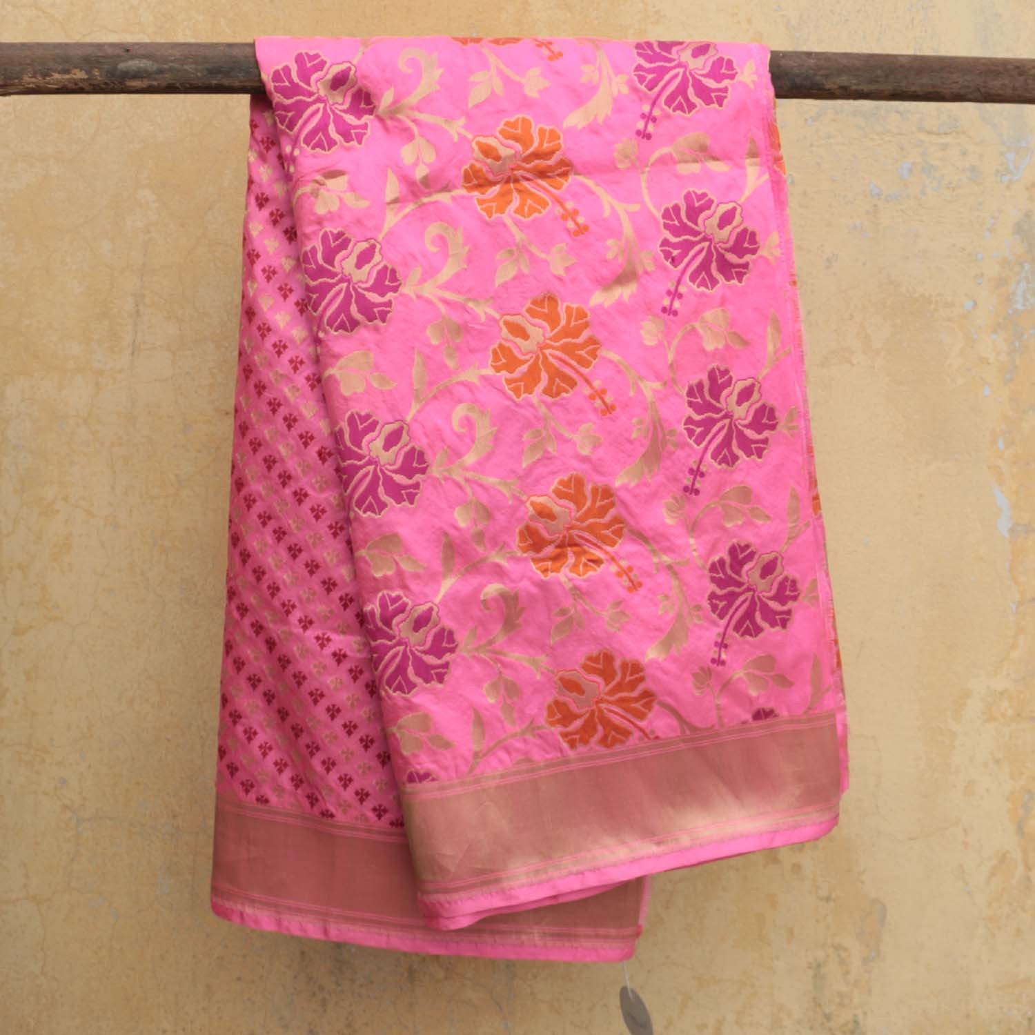 Light Fushia Pink Pure Katan Silk Banarasi Handloom Dupatta - Tilfi