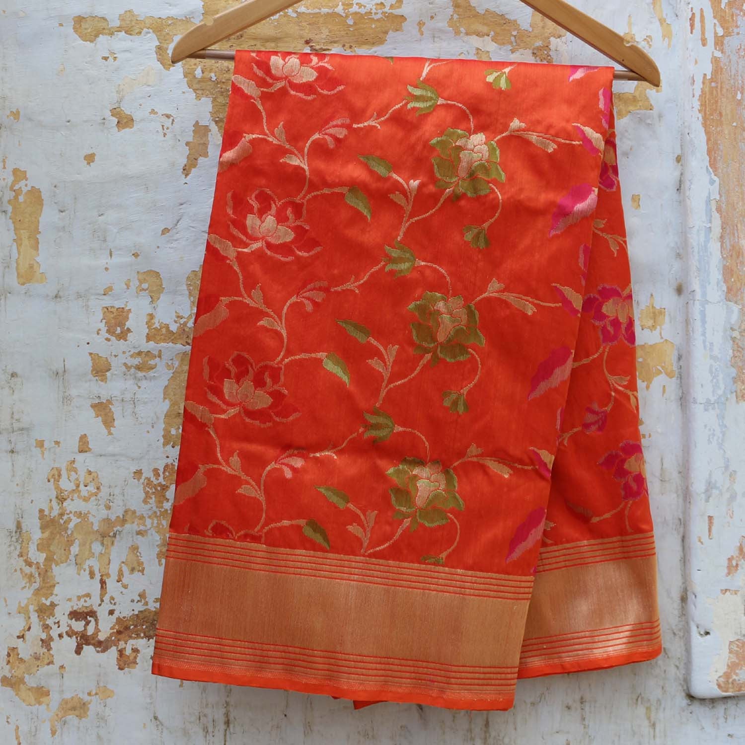 Strawberry Pink-Orange Pure Katan Silk Banarasi Handloom Dupatta - Tilfi - 1