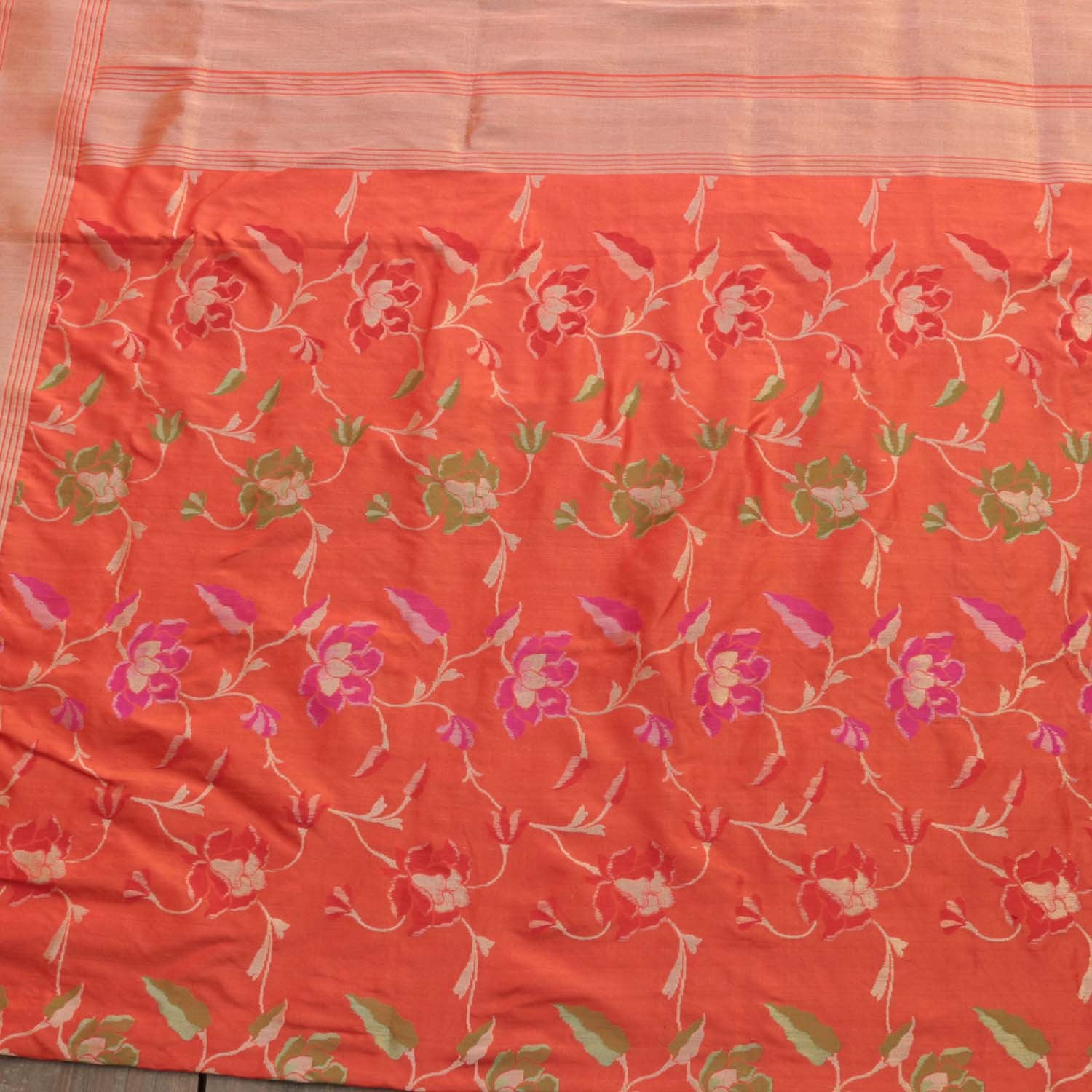 Strawberry Pink-Orange Pure Katan Silk Banarasi Handloom Dupatta - Tilfi - 1