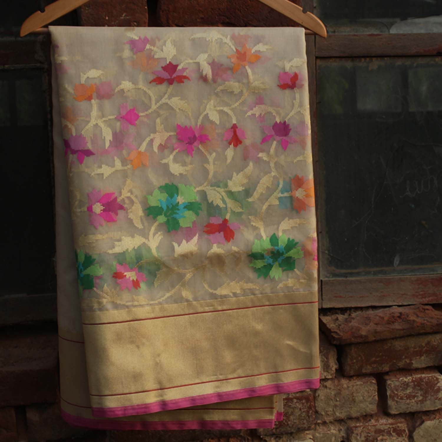 Tussar Pure Kora Silk Banarasi Handloom Saree - Tilfi - 1