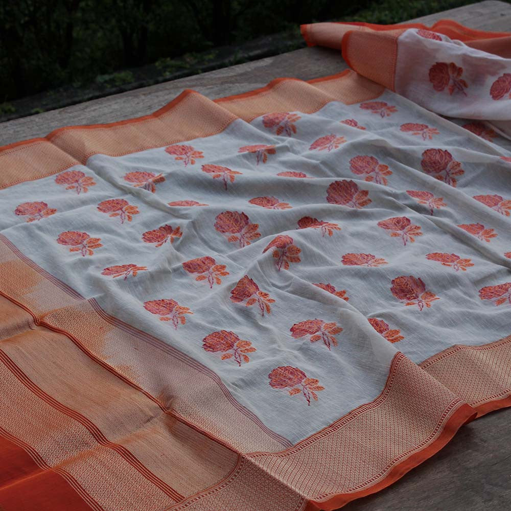 Off-White Pure Linen Banarasi Handloom Dupatta - Tilfi