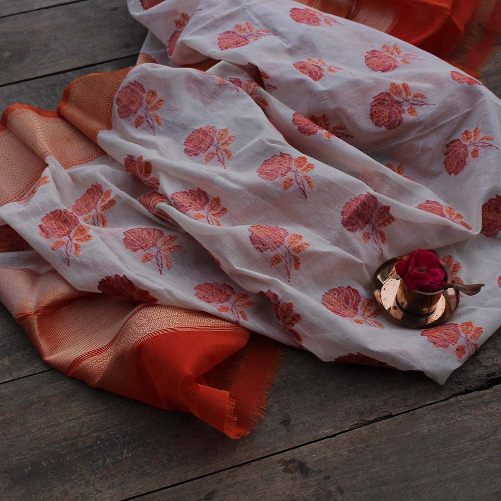 Off-White Pure Linen Banarasi Handloom Dupatta - Tilfi