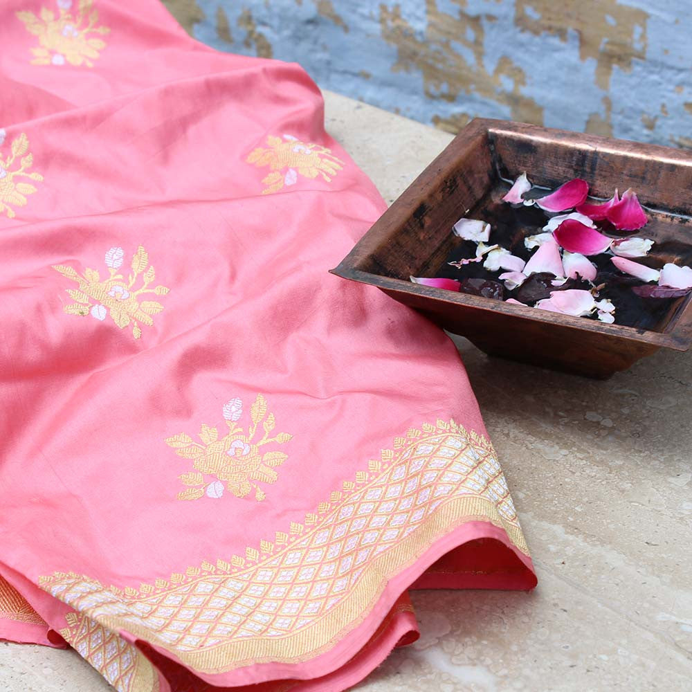 Peach Pure Katan Silk Banarasi Handloom Dupatta - Tilfi