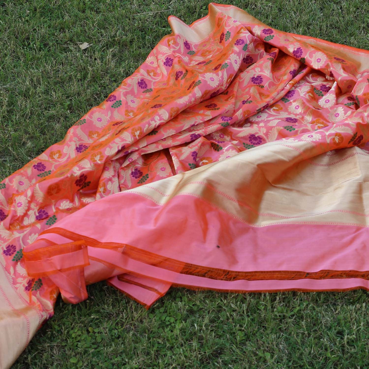 Orange-Peach Pure Katan Silk Banarasi Handloom Dupatta - Tilfi
