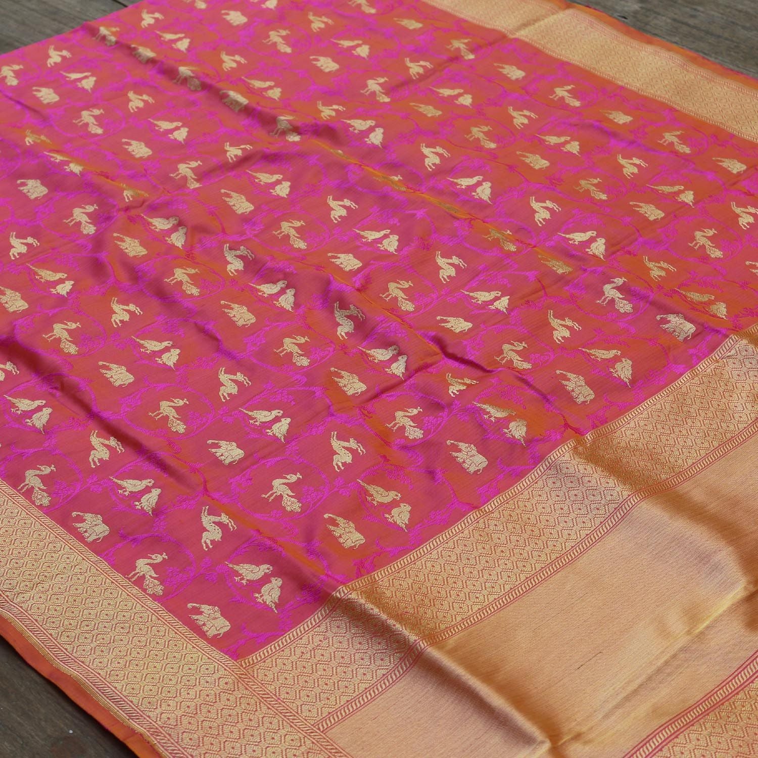 Gold-Rose Pink Pure Katan Silk Banarasi Handloom Dupatta - Tilfi