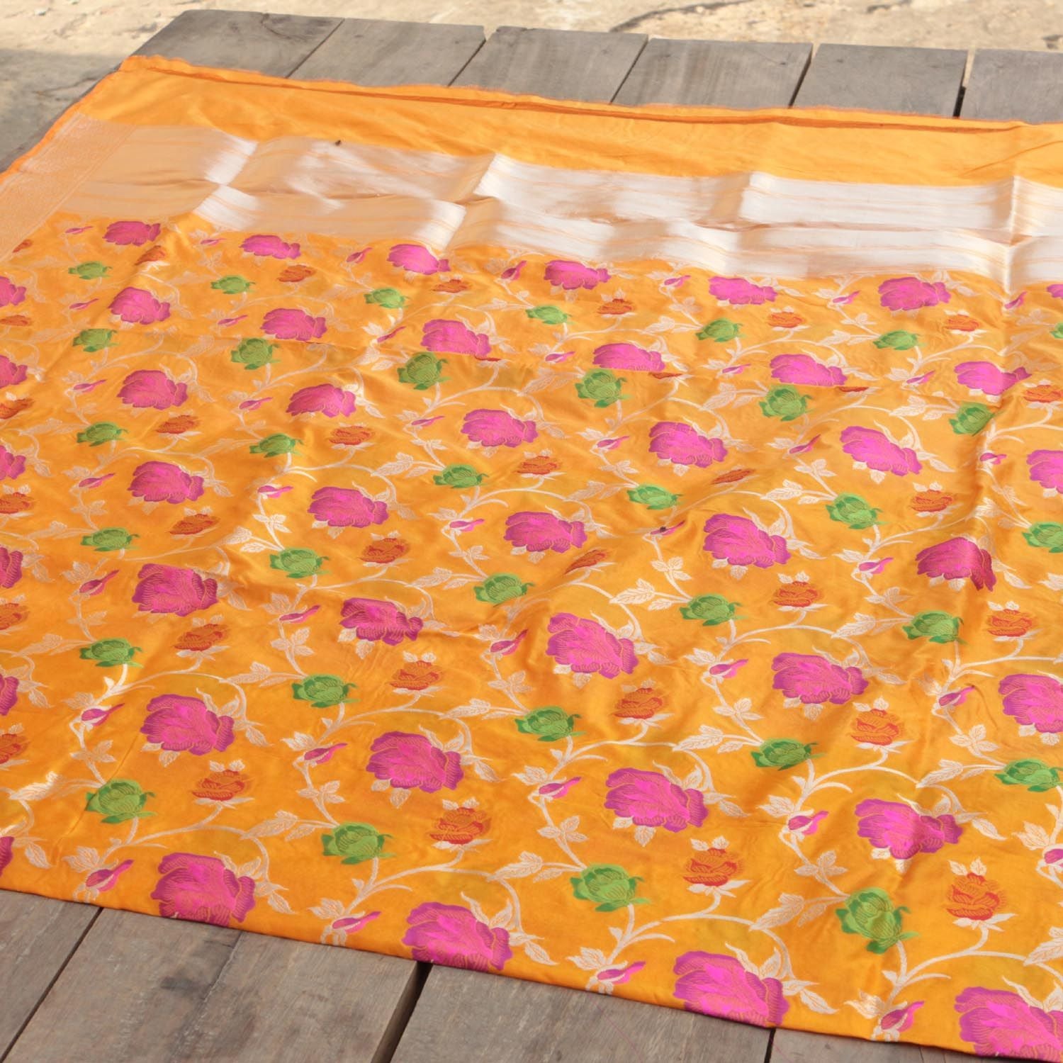 Orange-Yellow Pure Katan Silk Banarasi Handloom Dupatta - Tilfi