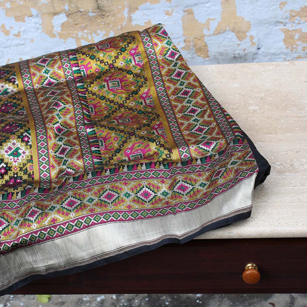 Black Pure Katan Silk Banarasi Handloom Patola Dupatta - Tilfi