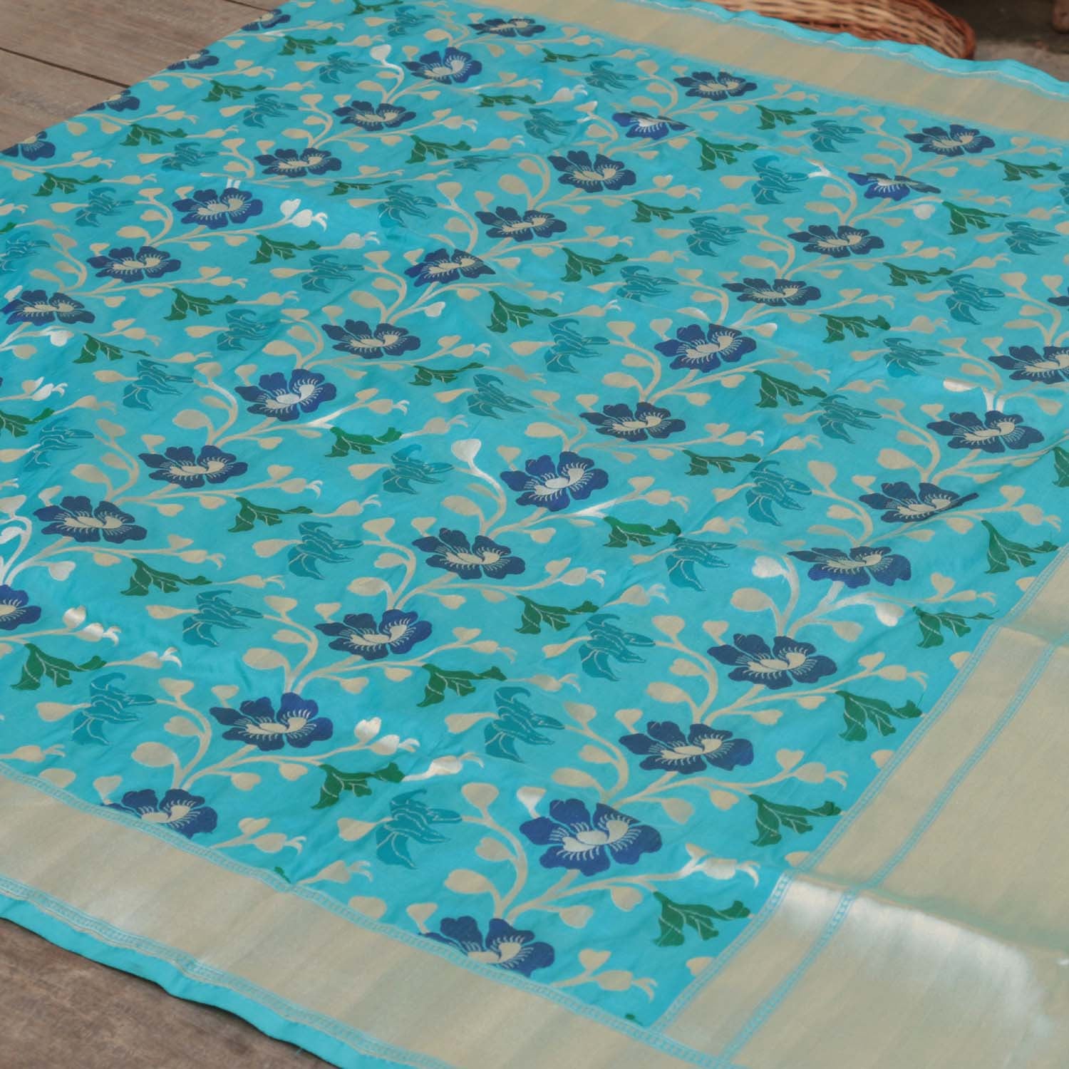 Ferozi Blue-Grey Pure Katan Silk Banarasi Handloom Dupatta - Tilfi