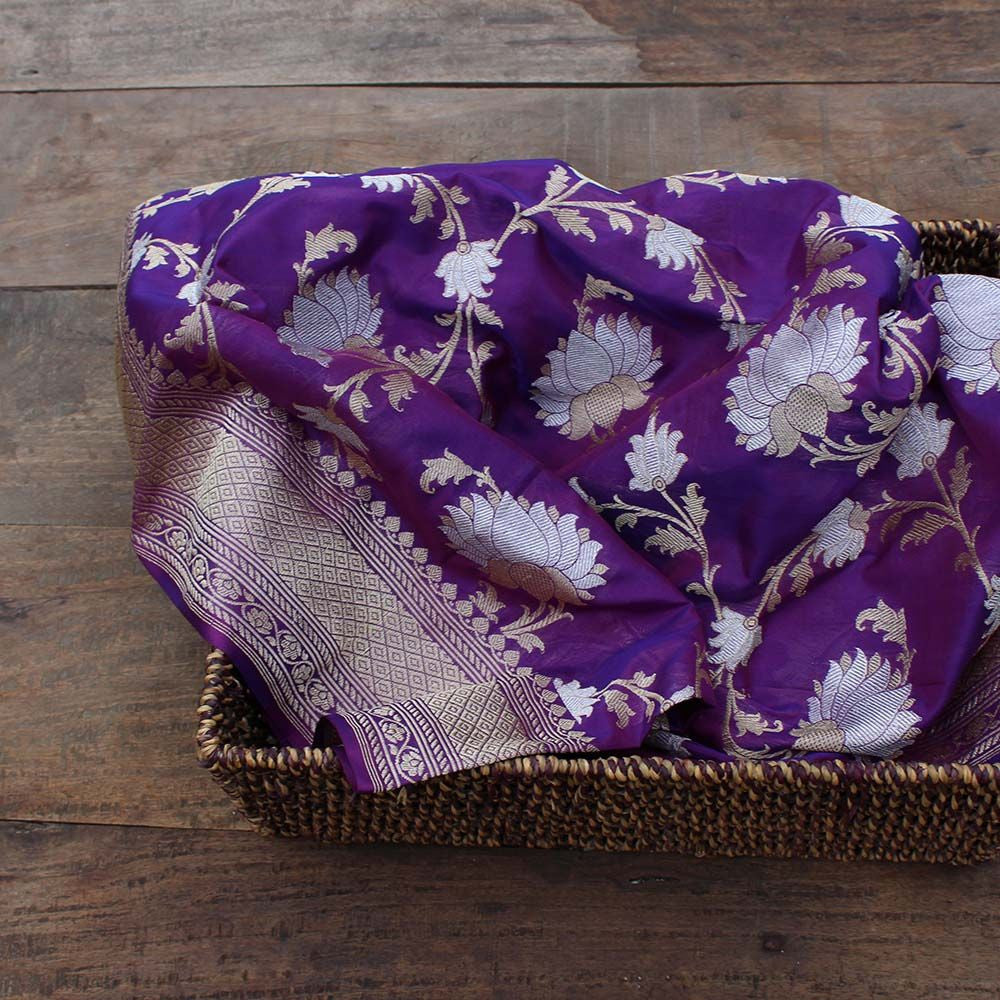 Purple Pure Silk Georgette Banarasi Handloom Dupatta - Tilfi