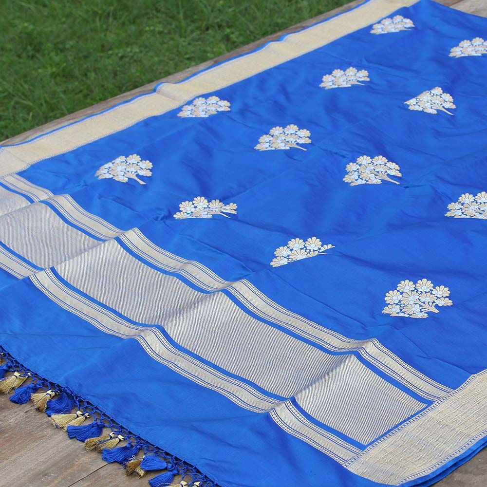 Royal Blue Pure Katan Silk Banarasi Handloom Dupatta - Tilfi - 1