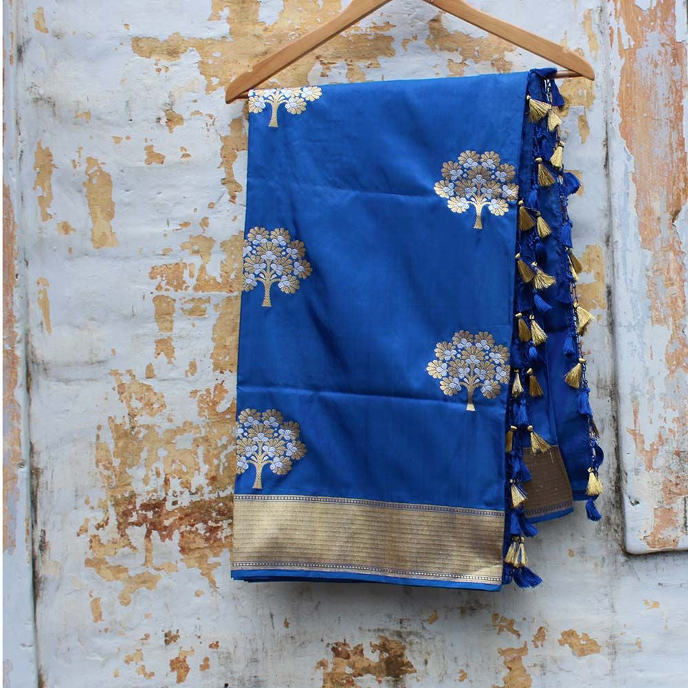 Royal Blue Pure Katan Silk Banarasi Handloom Dupatta - Tilfi - 1