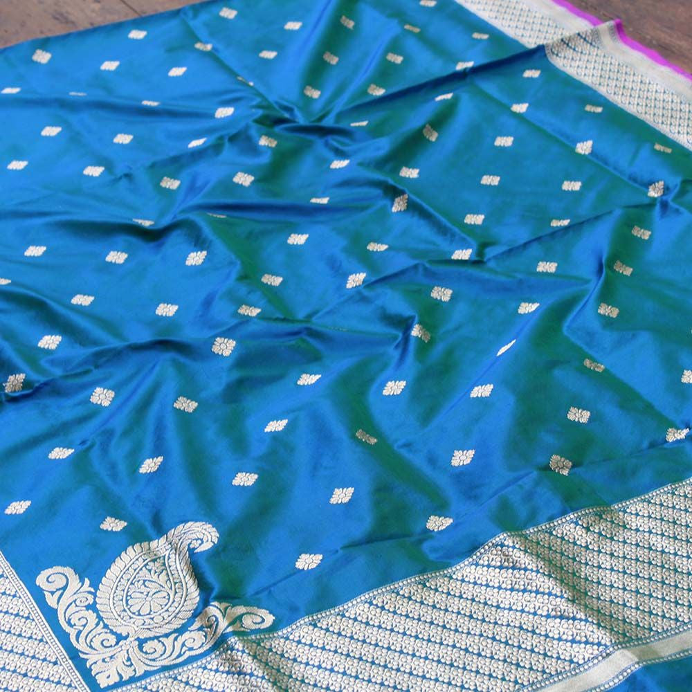 Green-Royal Blue Pure Katan Silk Banarasi Handloom - Tilfi