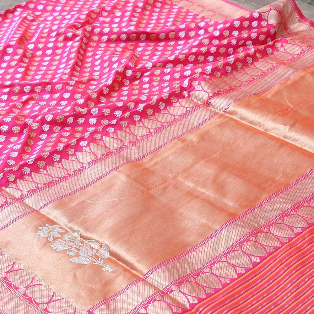 Orange-Indian Pink Pure Katan Silk Banarasi Handloom Saree - Tilfi - 1