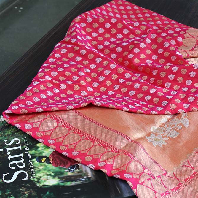 Orange-Indian Pink Pure Katan Silk Banarasi Handloom Saree - Tilfi - 1