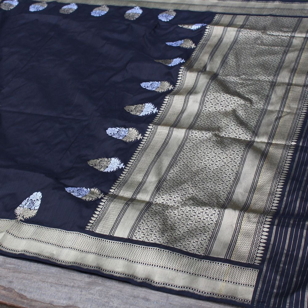 Black Pure Katan Silk Banarasi Handloom Dupatta - Tilfi