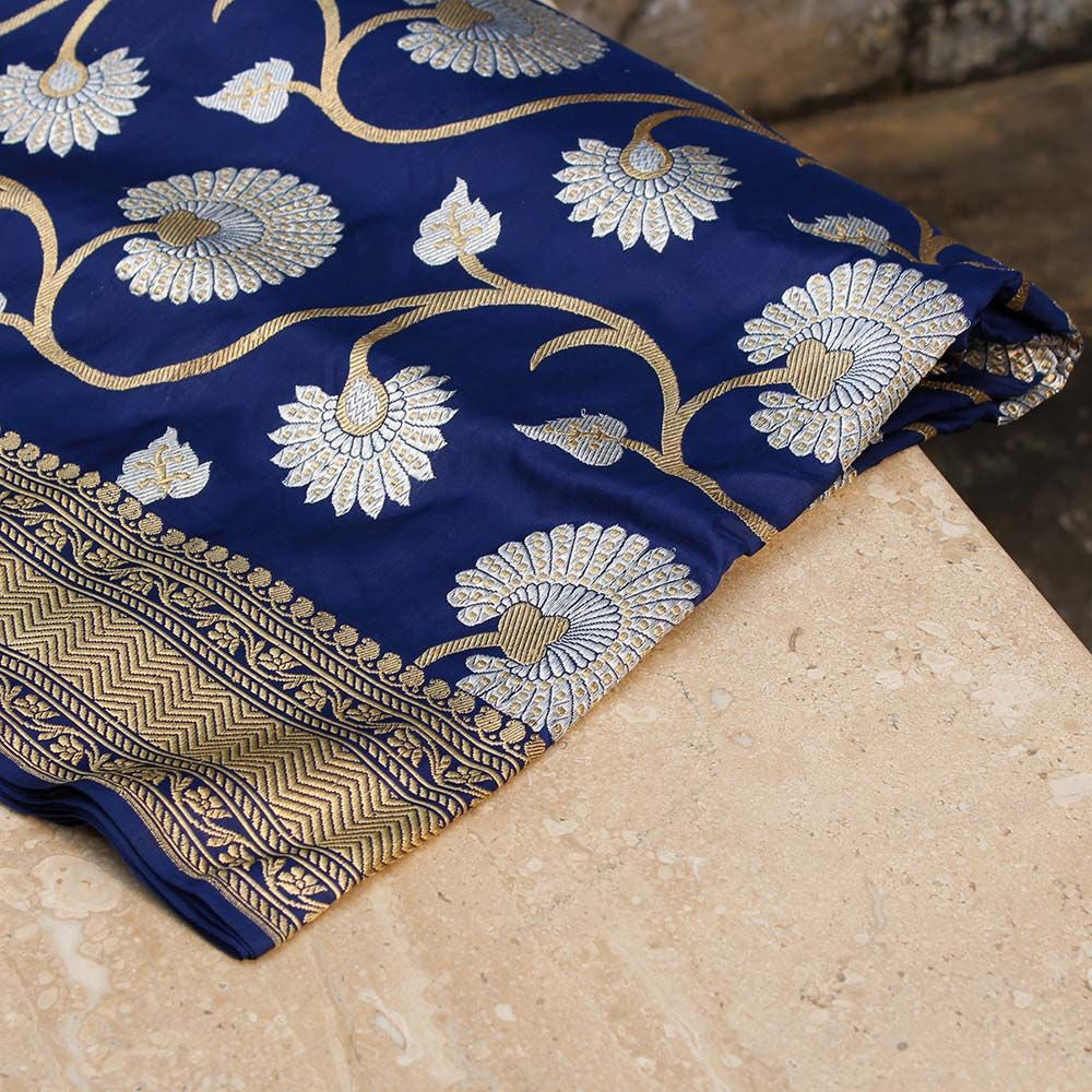 Navy Blue Pure Katan Silk Banarasi Handloom Saree - Tilfi
