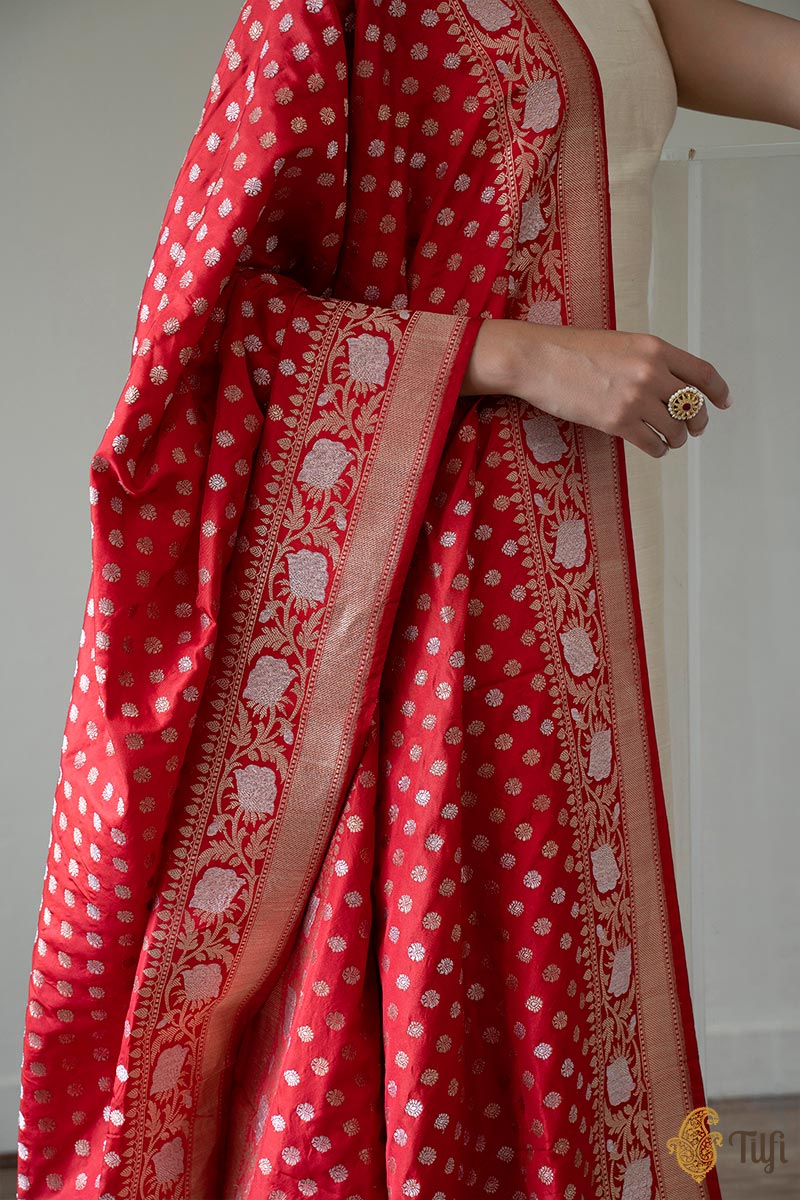 Red Pure Katan Silk Banarasi Handloom Dupatta