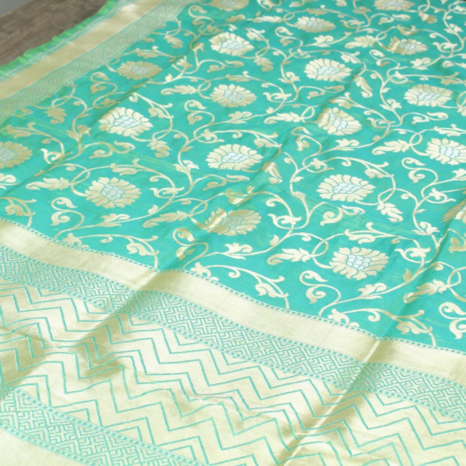 Mehendi Green-Ferozi Blue Pure Katan Silk Banarasi Handloom Dupatta - Tilfi - 1