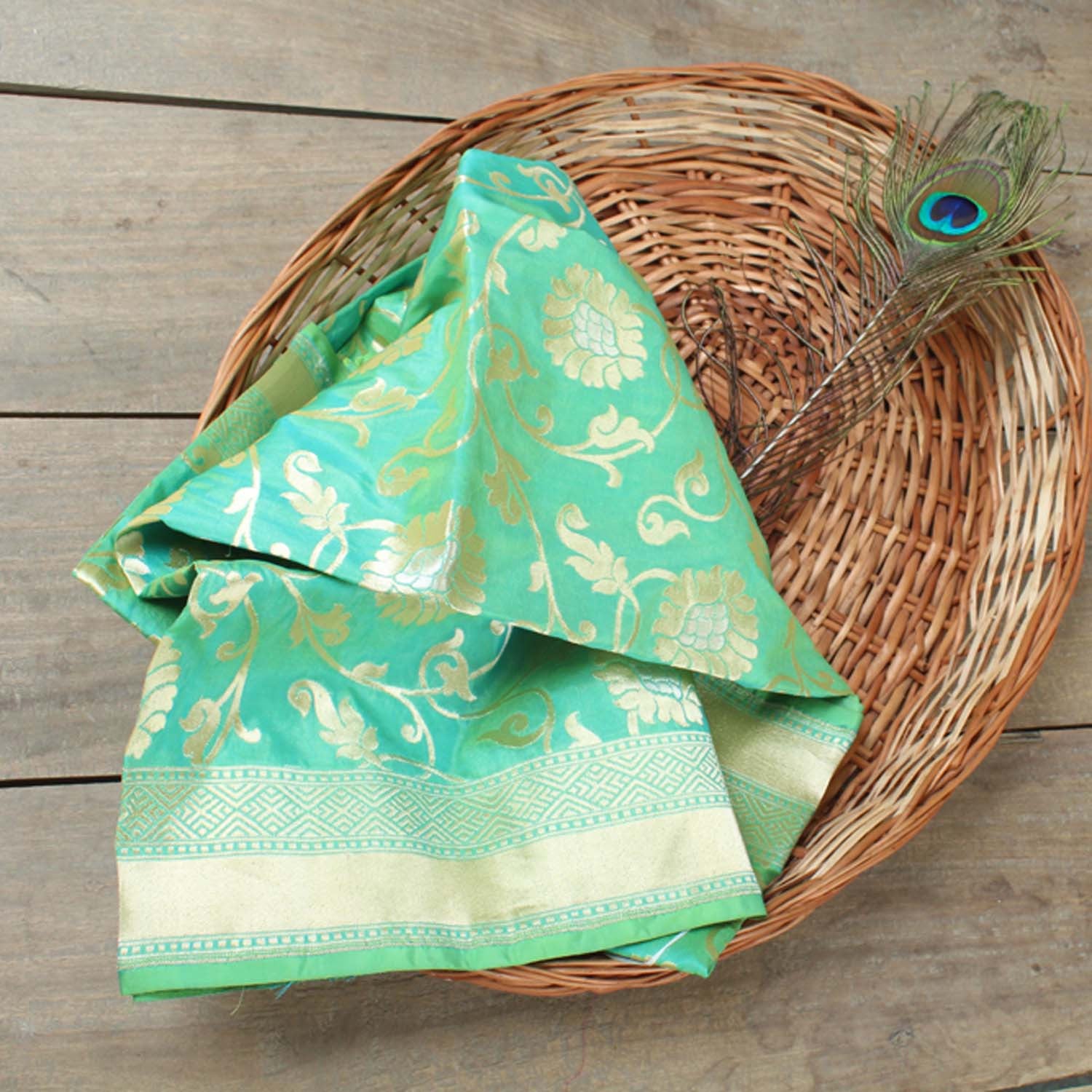 Mehendi Green-Ferozi Blue Pure Katan Silk Banarasi Handloom Dupatta - Tilfi - 1