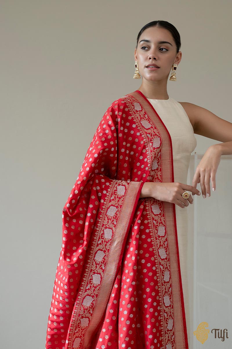 Red Pure Katan Silk Banarasi Handloom Dupatta
