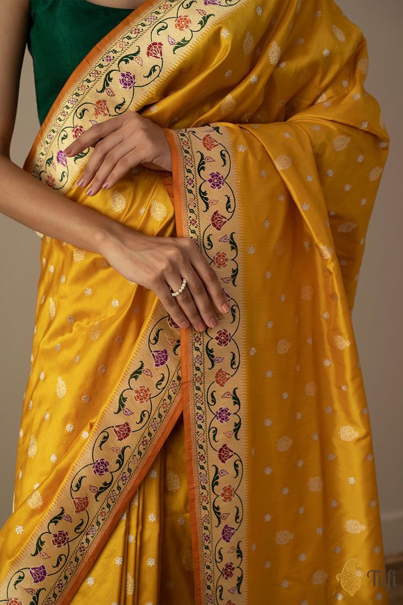 KJ0035-Mustard Pure Katan Silk Banarasi Handloom Saree