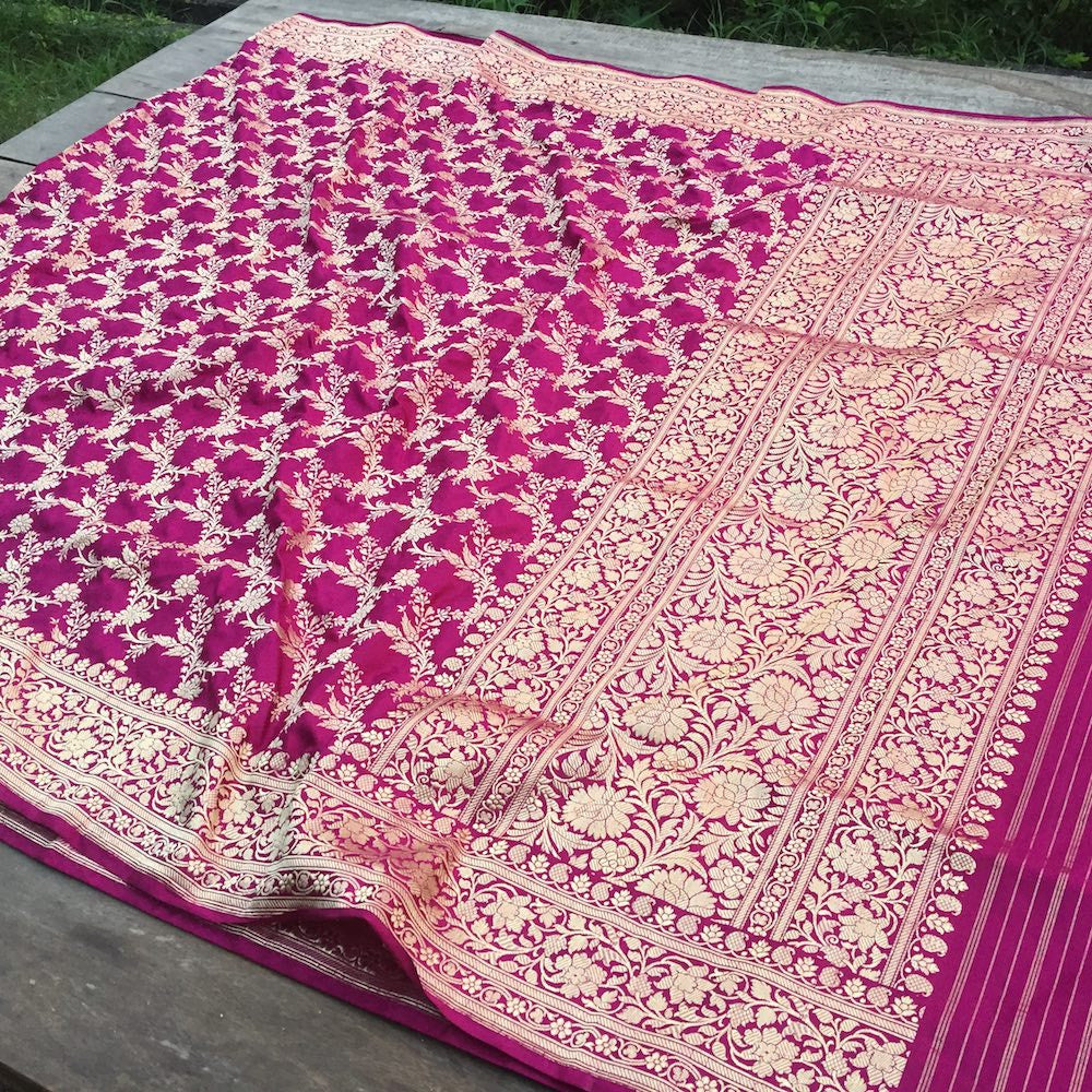 Burgundy Pure Katan Silk Banarasi Handloom Dupatta - Tilfi