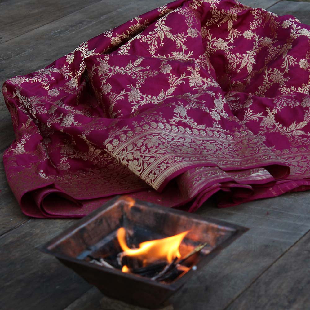 Burgundy Pure Katan Silk Banarasi Handloom Dupatta - Tilfi