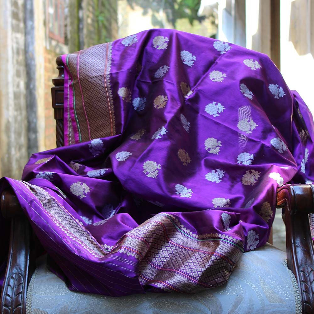 Purple Pure Katan Silk Banarasi Handloom Dupatta - Tilfi