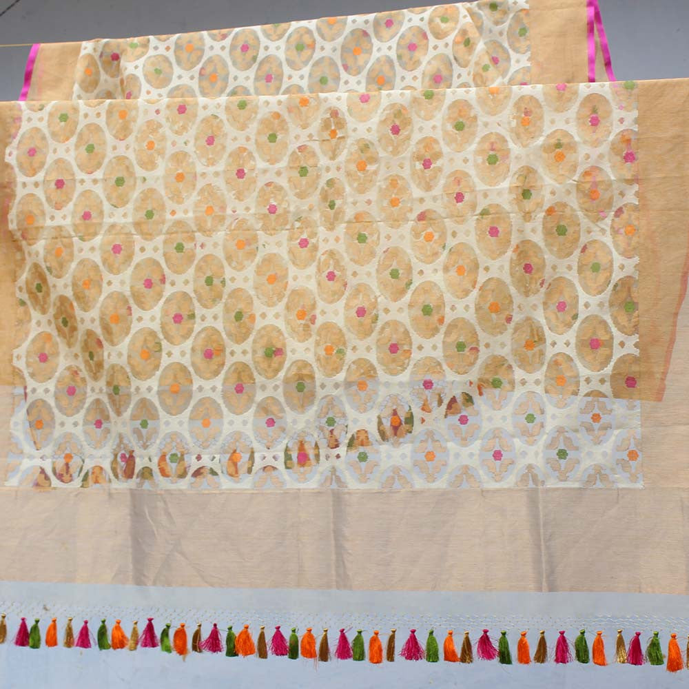 Gold-White Pure Kora Net Banarasi Handloom Dupatta - Tilfi