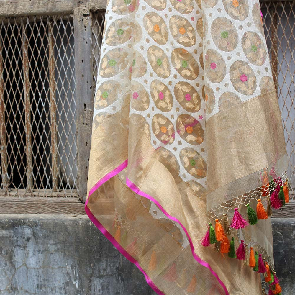 Gold-White Pure Kora Net Banarasi Handloom Dupatta - Tilfi