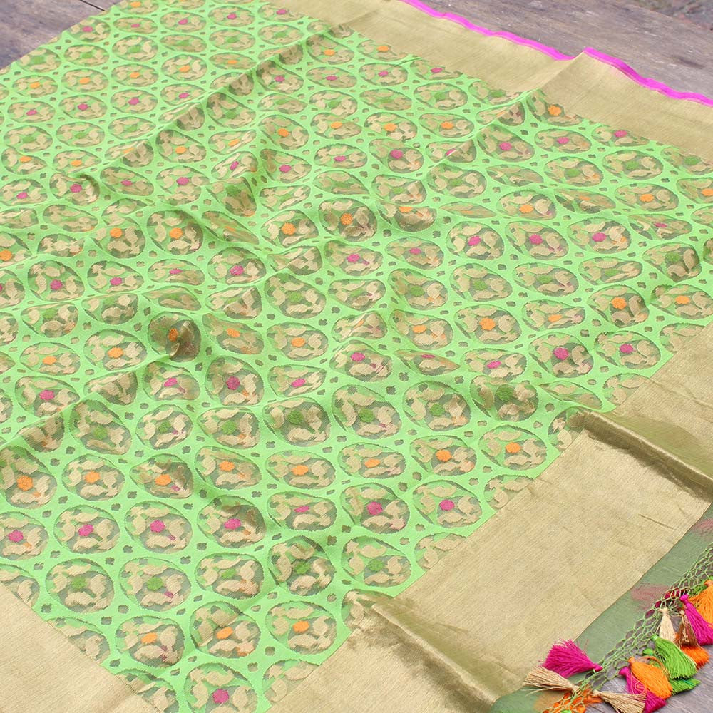 Green-White Pure Kora Net Banarasi Handloom Dupatta - Tilfi