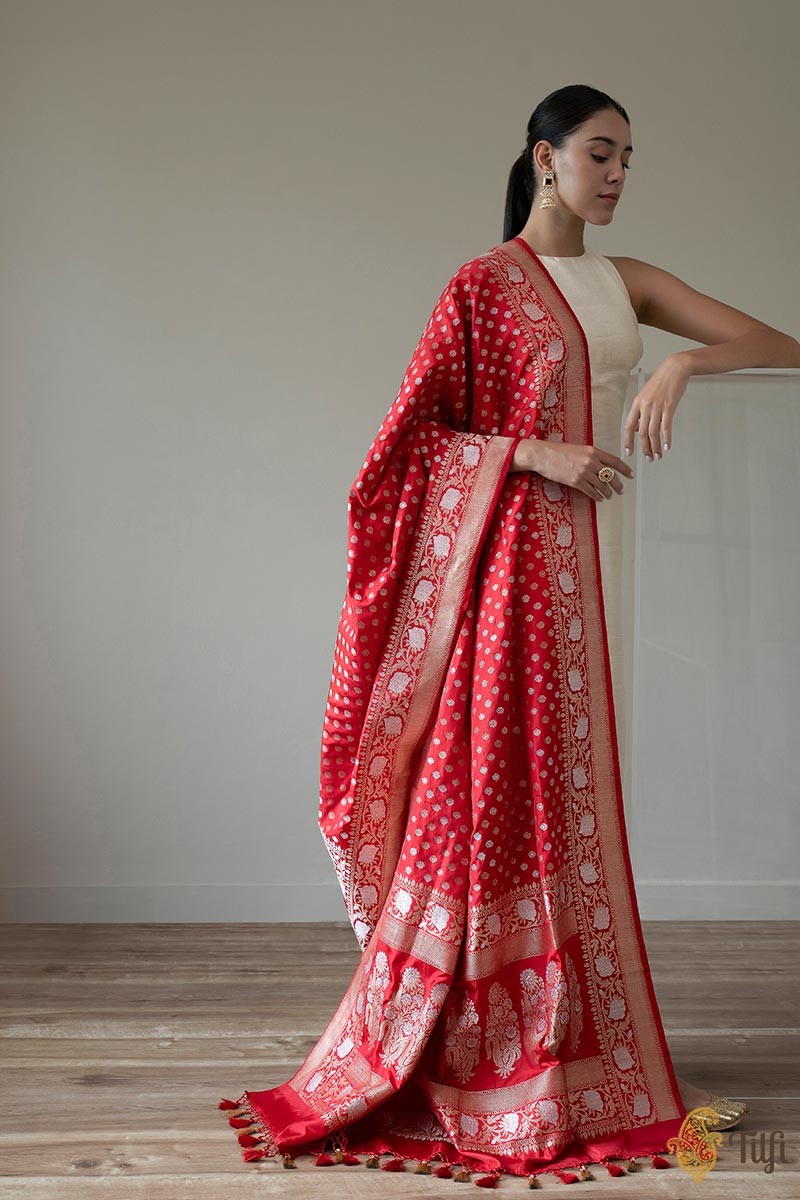 Red Pure Katan Silk Banarasi Handloom Dupatta