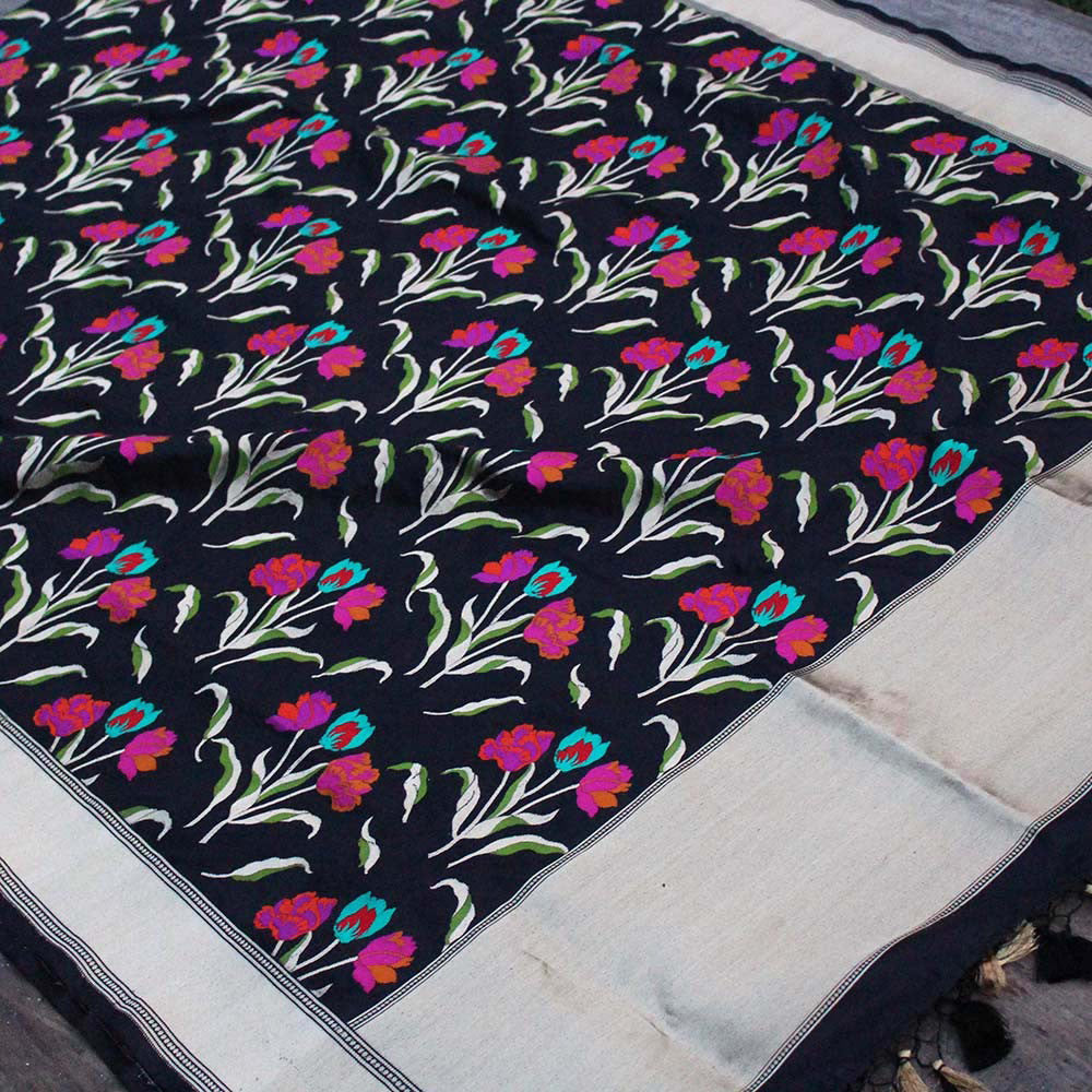 Black Pure Katan Silk Banarasi Handloom Dupatta - Tilfi
