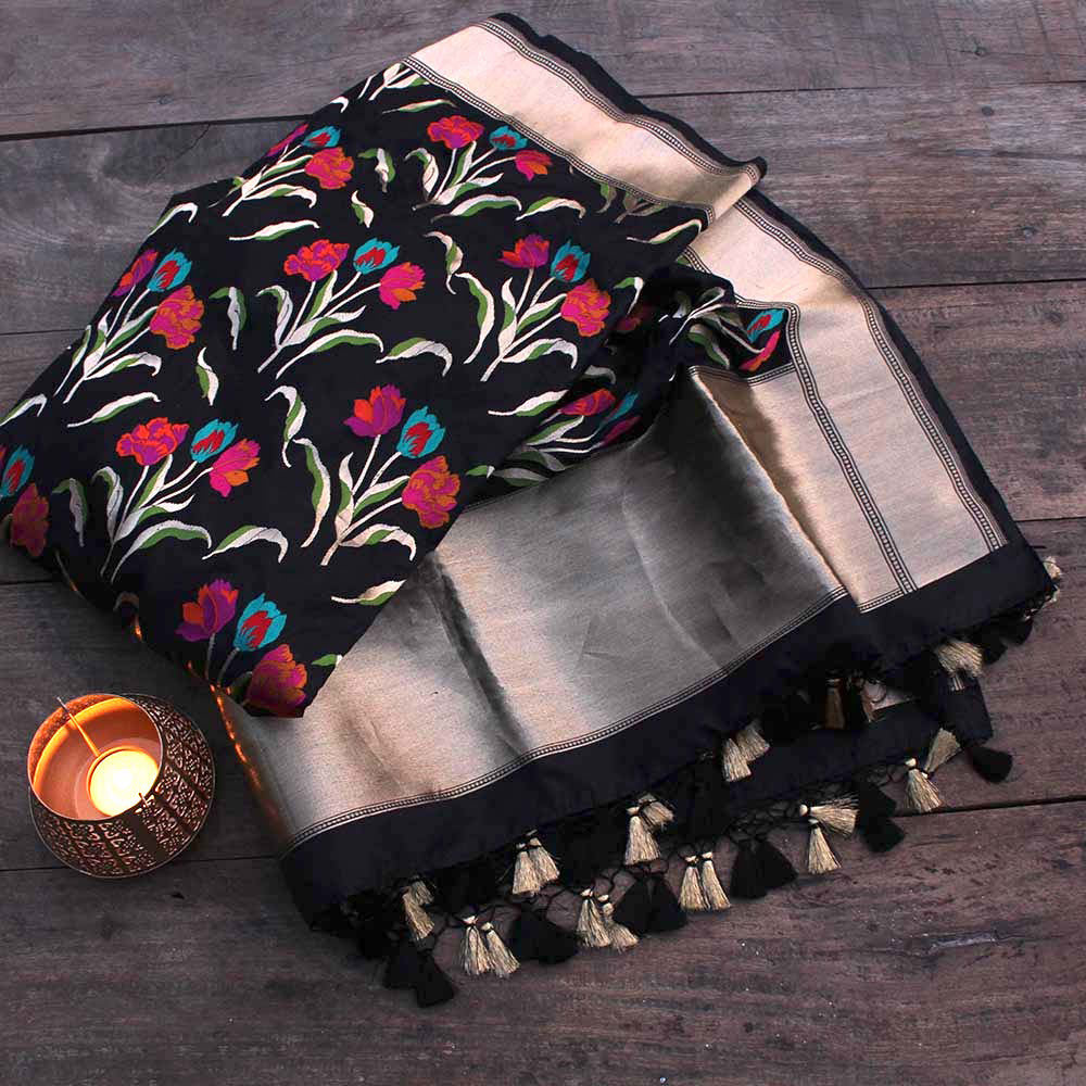 Black Pure Katan Silk Banarasi Handloom Dupatta - Tilfi