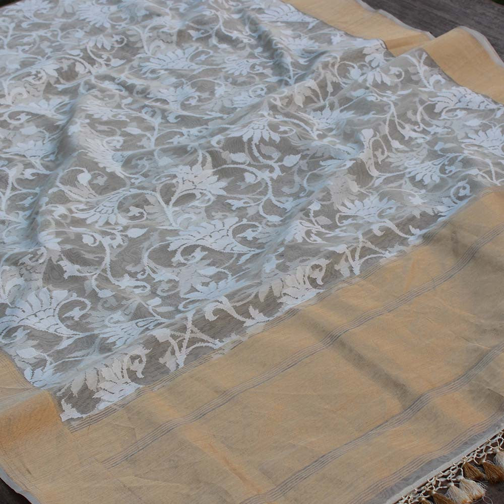Gold-White Pure Kora Net Banarasi Handloom Dupatta - Tilfi