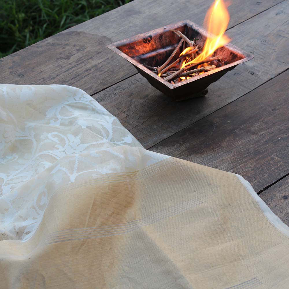 Gold-White Pure Kora Net Banarasi Handloom Dupatta - Tilfi